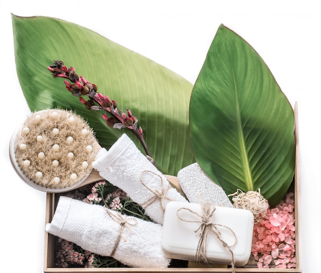 organic spa products in a wooden box