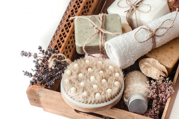 organic spa products in a wooden box