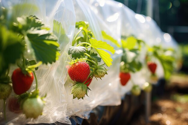 Foto pianta di fragola biologica in serra