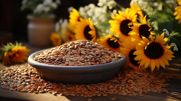 Organic sunflower seeds and flowers on wooden table