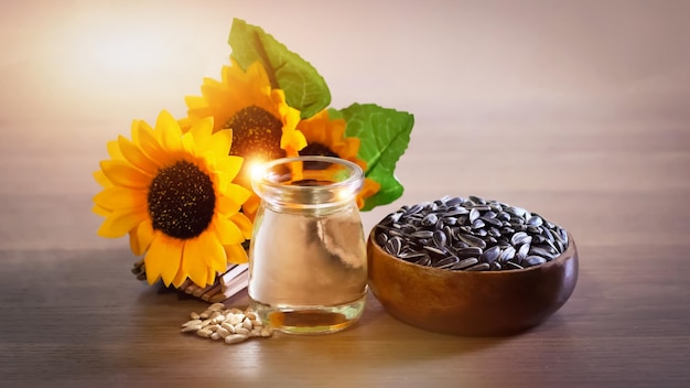 Organic sunflower seeds and sunflower oil on wooden table