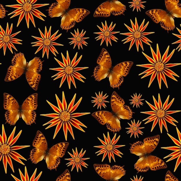 Organic textured pattern orange flowers and butterflies on black seamless, beautiful background