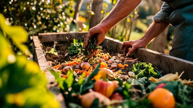 Photo organic trash compost in the garden selective focus