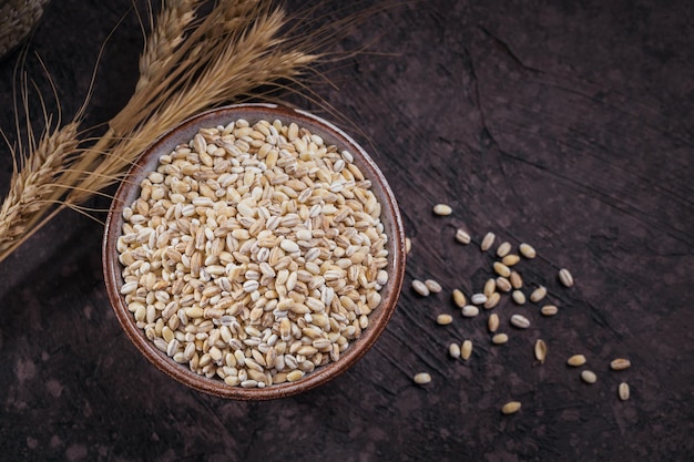 Organic uncooked dried barley cereal grain in a bowl