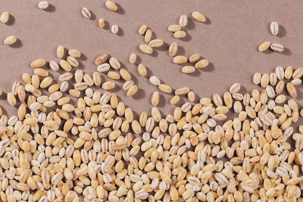 Foto vista dall'alto dell'orzo perlato crudo biologico grani di grano di cereali d'orzo rotto essiccato crudo