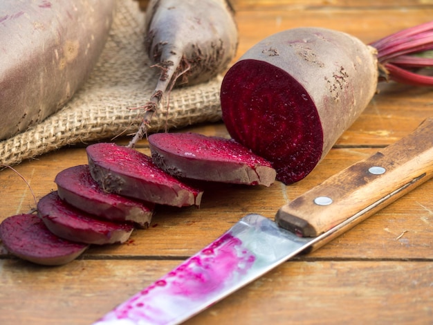 Organic vegetable beetroot on a wooden background closeup Vegetarian food