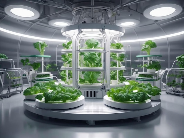 Organic vegetable farm hydroponic vegetable plant factory futuristic plant hydroponics lab room on spacecraft with circle podium