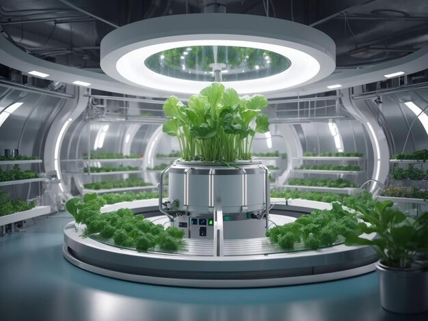 Organic vegetable farm hydroponic vegetable plant factory futuristic plant hydroponics lab room on spacecraft with circle podium