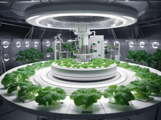 Organic vegetable farm hydroponic vegetable plant factory futuristic plant hydroponics lab room on spacecraft with circle podium