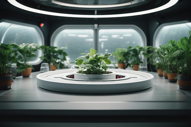 Органическая овощная ферма, гидропонная фабрика по производству овощей, футуристический завод, лабораторная комната гидропоники на космическом корабле с круглым подиумом