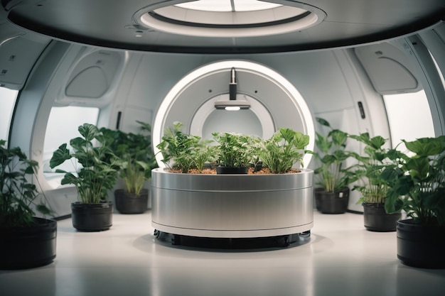 Органическая овощная ферма, гидропонная фабрика по производству овощей, футуристический завод, лабораторная комната гидропоники на космическом корабле с круглым подиумом