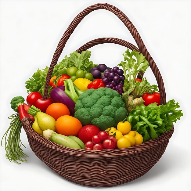Photo organic vegetables and fruits in wicker basket