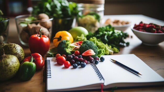 Photo organic vegetables and fruits with notebook on wooden table