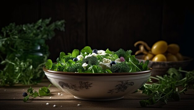 Organic vegetarian salad with ripe tomato on rustic wooden plate generated by artificial intelligence