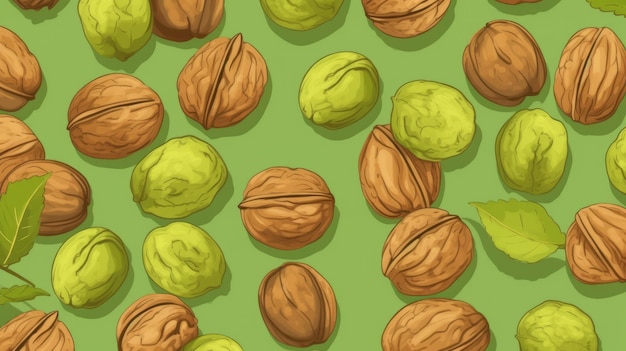 Organic walnut nuts horizontal background illustration