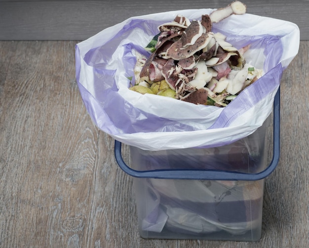 Organic waste in kitchen bucket Food waste for composting and recycling Recycling of plastic waste