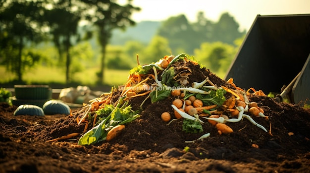 Foto rifiuti organici accumulati in una fattoria di ortaggi provenienti da alimenti
