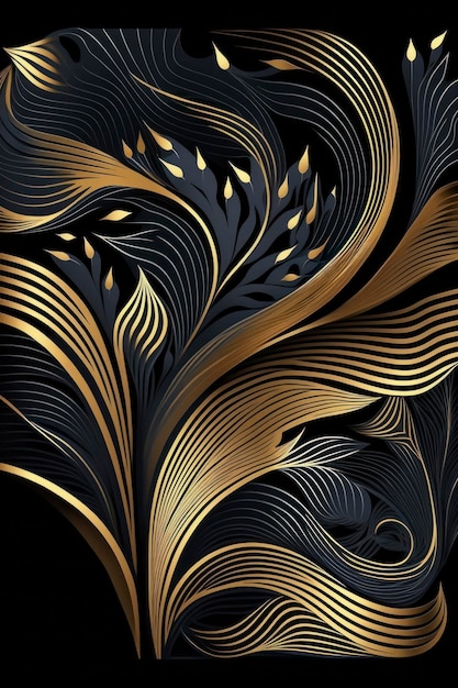 an organic wave pattern on a black background in the style of dark gold and blue