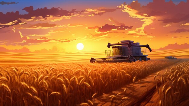 organic wheat harvesting at sunset in meadow