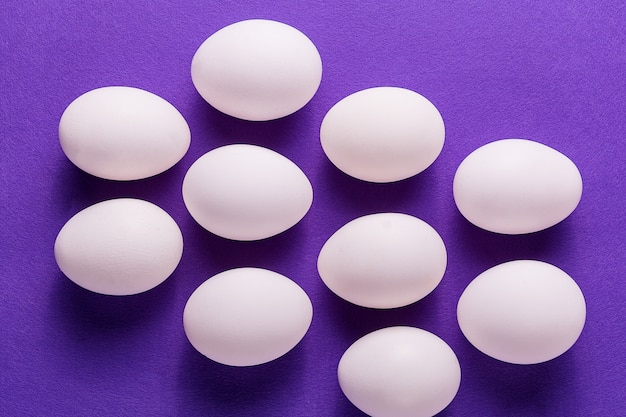 Organic white eggs in a raw on pastel backgound. 