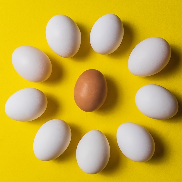 Organic white eggs in a raw on yellow pastel backgound. 