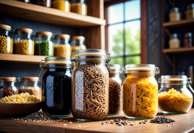 Organic whole grain pasta and wild rice stored in glass jars on a kitchen shelf adding