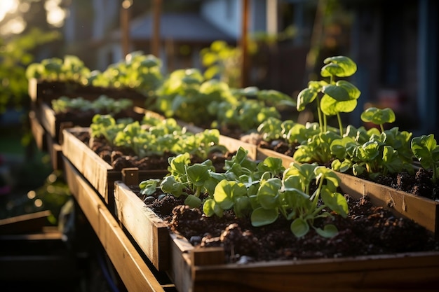 Organic Wooden Raised Bed Vegetable Garden Generative AI