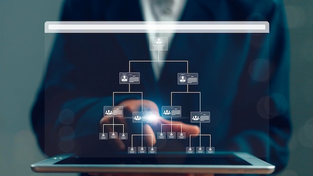 Organisatiekaart op het virtuele scherm van de interface Automatisering van bedrijfsprocessen en werkstroom met stroomdiagram Hiërarchische structuur van teams en werknemers in het bedrijf