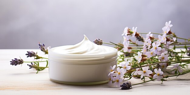 Organische crème en wilde bloemen op een witte achtergrond Concept van wild geoogste schoonheid en natuurlijke cosmetica op basis van een wilde plant Zachte focus stijl