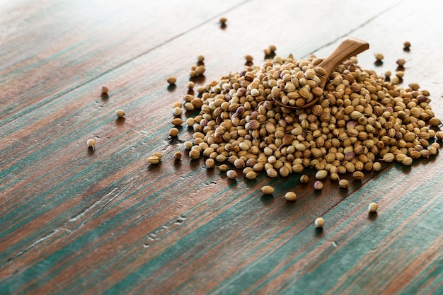 Organische Droge korianderzaden (sativum Coriandrum) met lepel op gekleurde rustieke achtergrond.