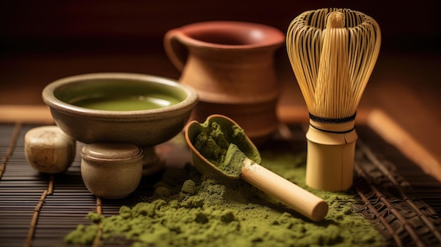 Organische matcha groene thee ceremonie op tafel met theewisk