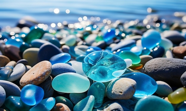 Foto organische poolse getextureerde zeeglazen en unieke edelstenen generatieve ai