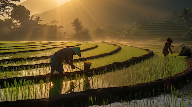 Organische rijst geoogst bij zonsondergang De schoonheid van Bali