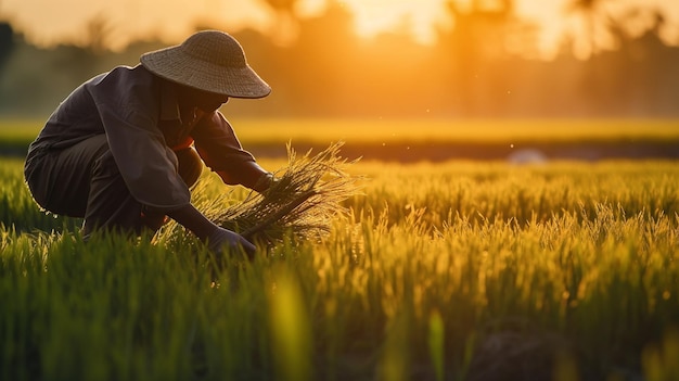 Organische rijst geoogst bij zonsondergang De schoonheid van Bali