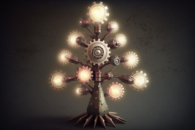 Organization chart in the form of tree with gears and light bulb concept of ideas AI