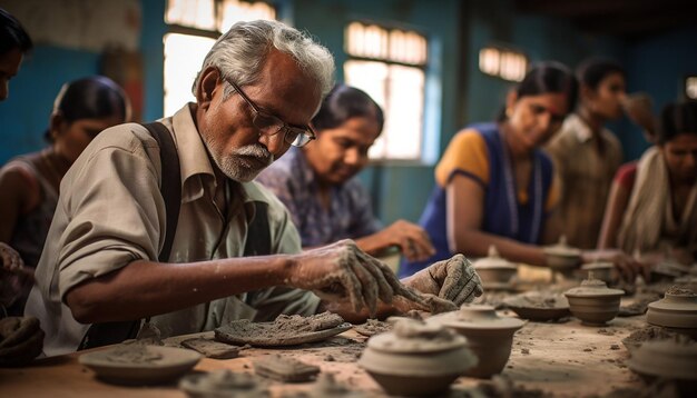 Organize a portrayal of a rehabilitation workshop for individuals affected by leprosy