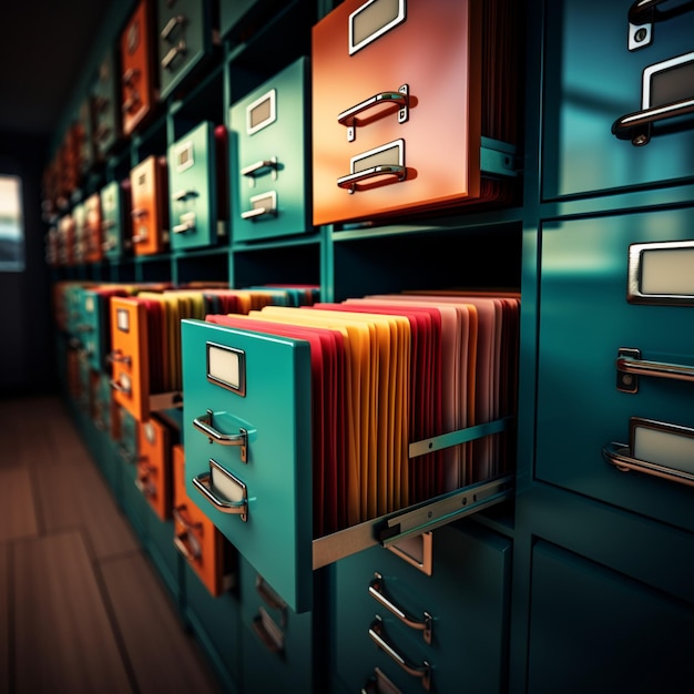 Photo organized archive with files in a filing cabinet of diverse colors for social media post size