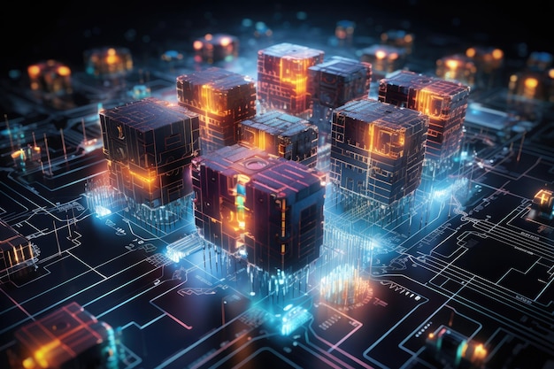 An organized arrangement of assorted cubes resting atop a circuit board Digital rendering of quantum computing processes AI Generated