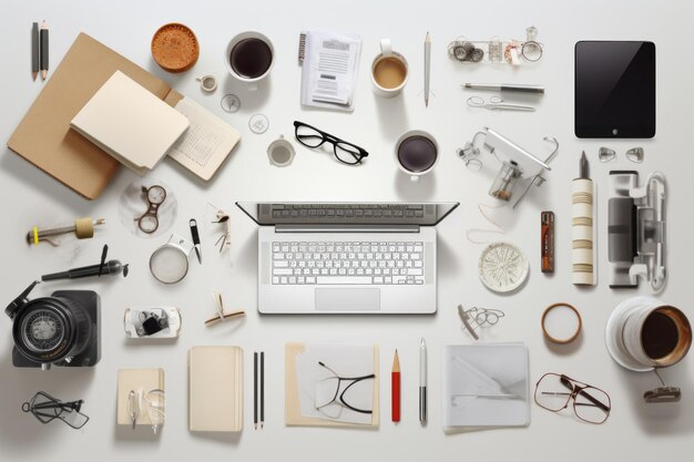 Photo organized chaos a glimpse into the white office desk table with an abundance of items