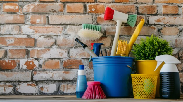 Organized Cleaning Arsenal Essential Supplies and Tools Adorn Table beside Brick Wall ar 169