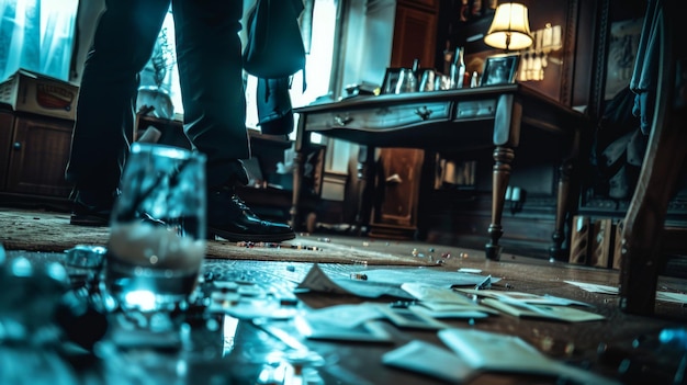 organized crime members meeting in room with scattered papers and a glass of beer