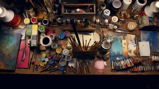 Photo an organized flat lay of art supplies including paint ai generative