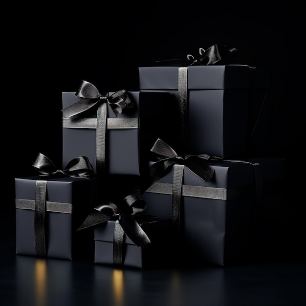 Photo organized gift boxes wrapped in black paper with black ribbon on black background christmas concept