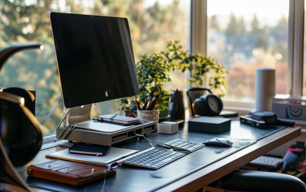 Organized home office with wellness elements