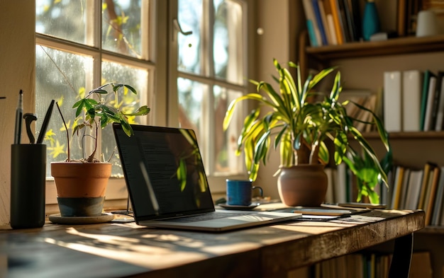 Organized home workspace with a laptop and potted plant