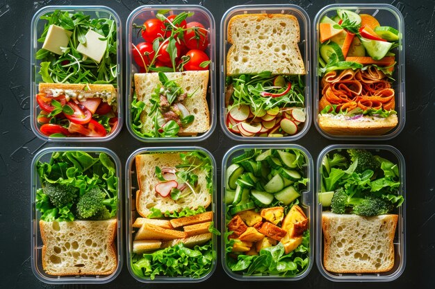 Organized Meal Prep Containers with Salads and Sandwiches