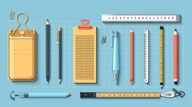 Photo organized office supplies on blue grid background pens pencils rulers clips notepad eraser