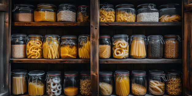 Organized pantry shelves packed with food supplies home storage solution simple wooden shelving kitchen organization pantry essentials AI