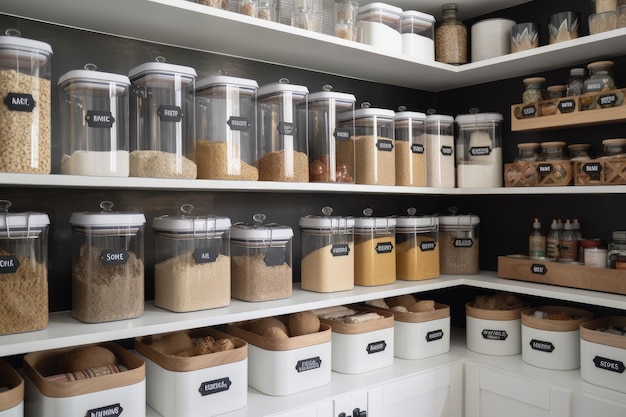 Organized pantry with labeled jars and bins for easy access created with generative ai