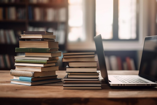 Organized pile of books on a desk with a laptop Elearning concept